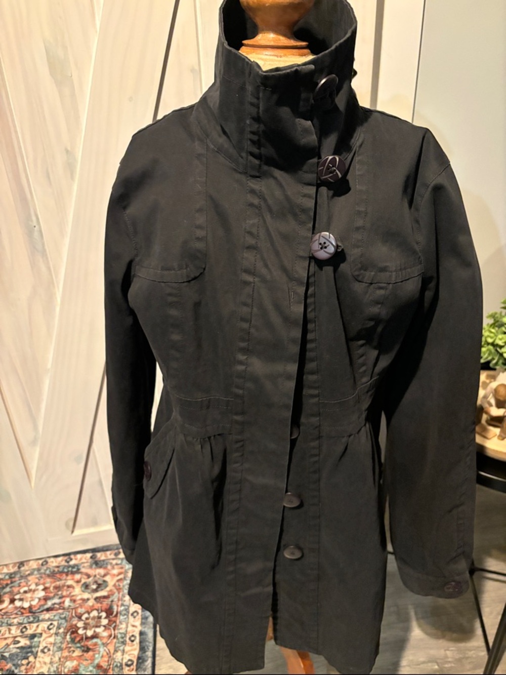 Women's Black Utility Jacket with Stand Collar and Button Front